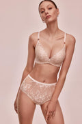 Majtki stringi wysokie, koronkowe, beżowe, damskie, eleganckie