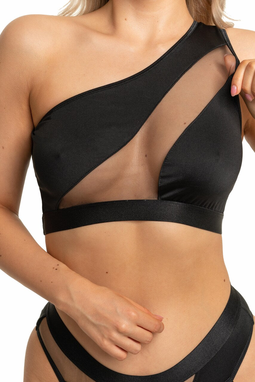 Czarny komplet bielizny z paskami i ozdobnymi klipsami