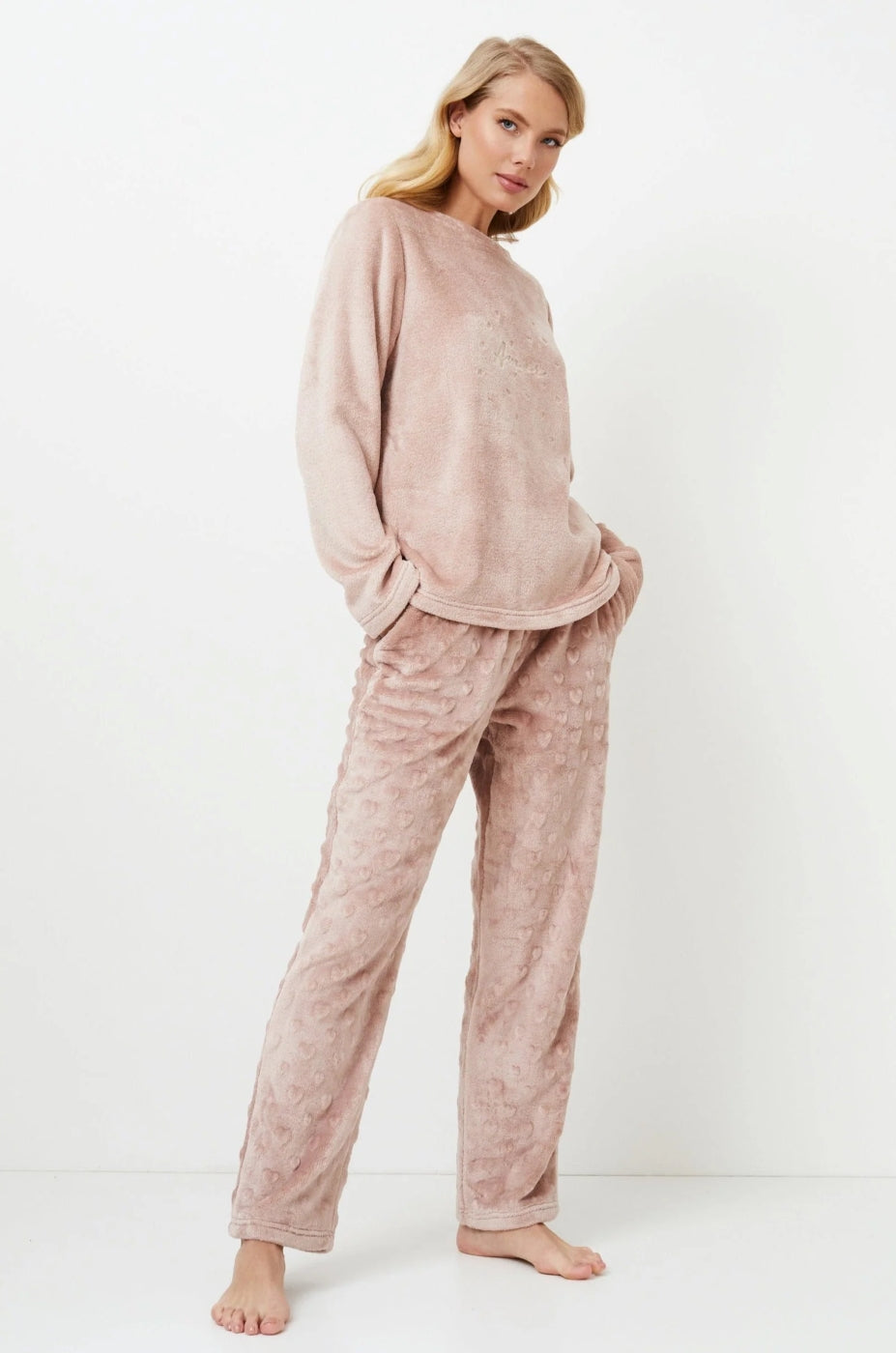 różowa długi piżama damska z miękkiego pluszu