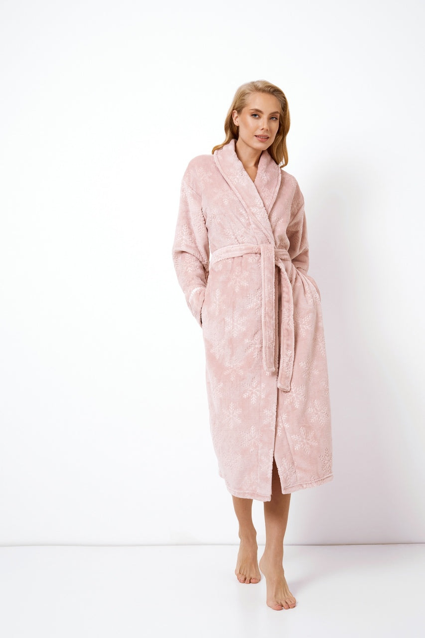 długi różowy szlafrok damski z kapturem, miękki i ciepły, Aruelle Betsy Nocna Szlafrok
