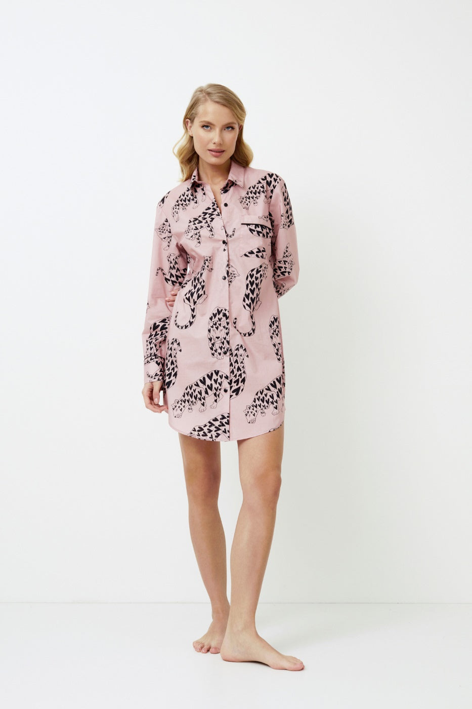 Koszula nocna damska z motywem tygrysów, różowa, casualowa