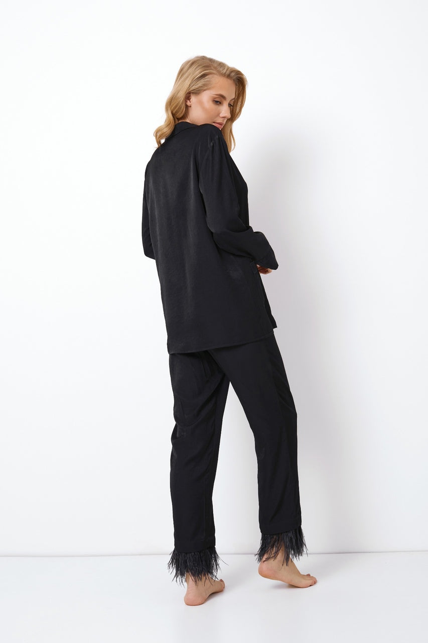 czarna satynowa piżama damska Aruelle Brigitte z frędzlami na nogawkach