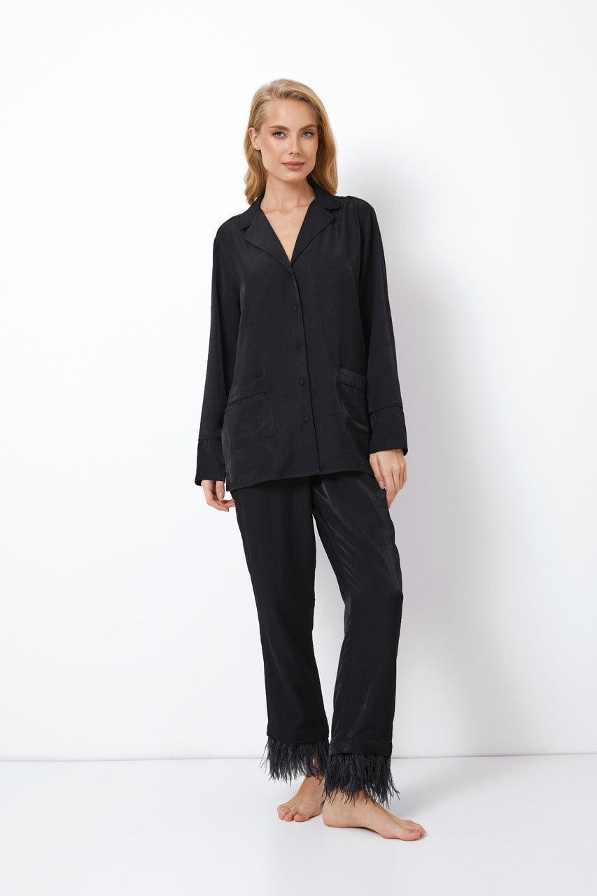 czarna satynowa piżama damska Aruelle Brigitte z frędzlami na nogawkach