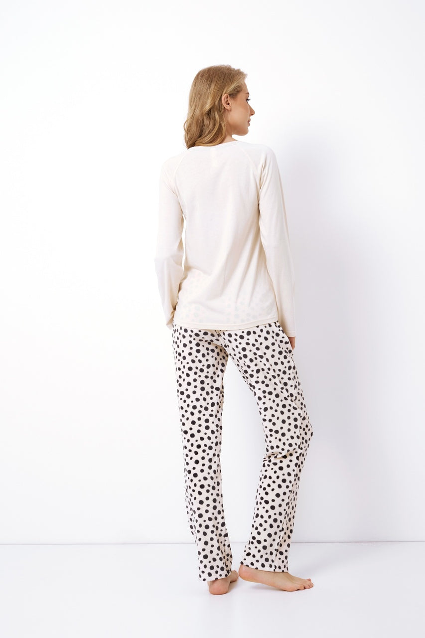 Beżowa piżama damska w czarne groszki z tyłu