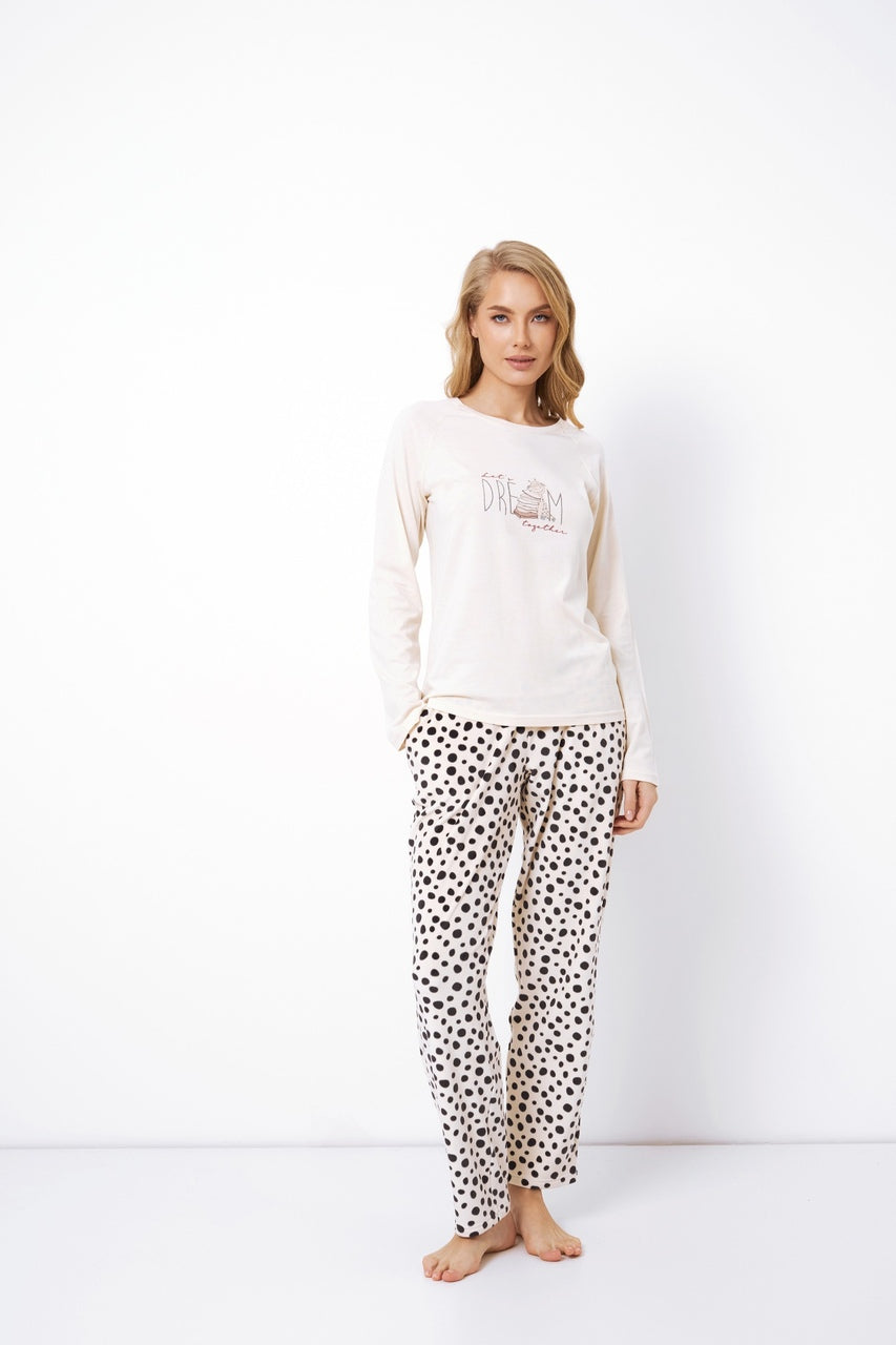 Beżowa damska piżama długi rękaw z nadrukiem