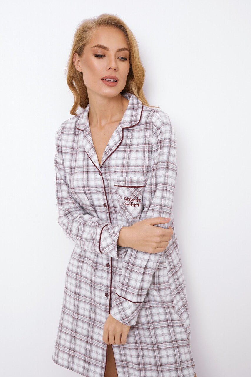 damska piżama w kratę z nadrukiem, długi rękaw, z przodu kieszeń, wygodna nocna odzież