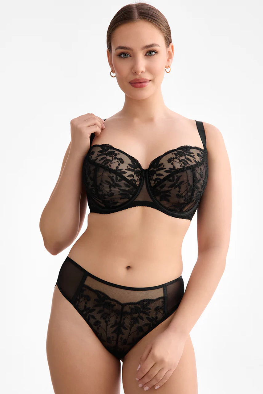 Biustonosz miękki czarny z koronkowym kwiatowym wzorem