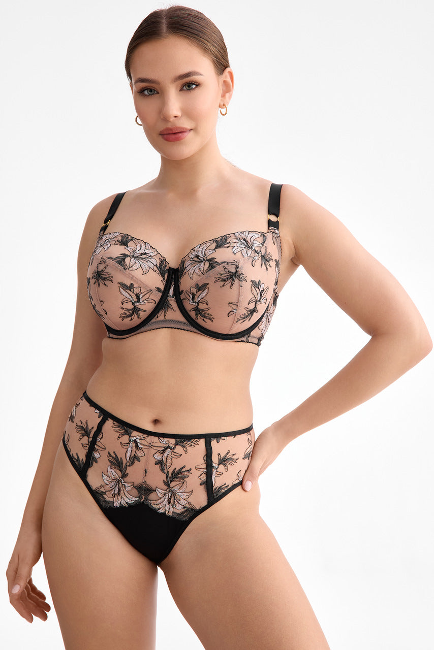 Biustonosz miękki z koronkowym kwiatowym wzorem, czarny i beżowy, Ewa Bień B171 Salma