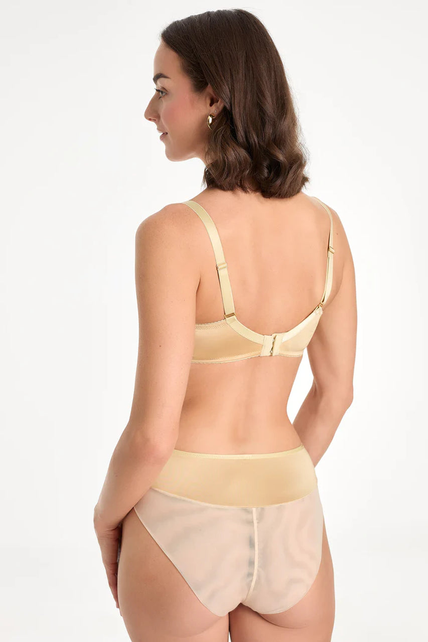 Tyl biustonosza balkonetka Ewa Bień B139 Karmela z koronką, beżowy, zapięcie na haftki, elegancka damska bielizna