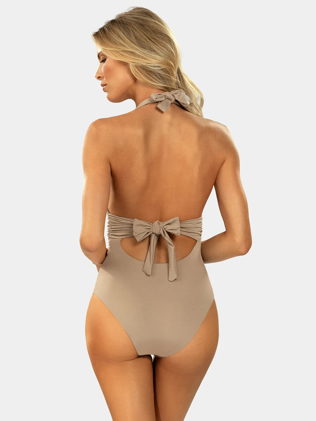 Tylna strona beżowego kostiumu kąpielowego z wiązaniem, elegancki strój kąpielowy damski