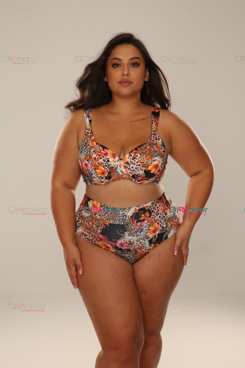 kolorowy dwuczęściowy kostium kąpielowy z tropikalnym wzorem, modelka w bikini na bielizna damska, odzież plażowa
