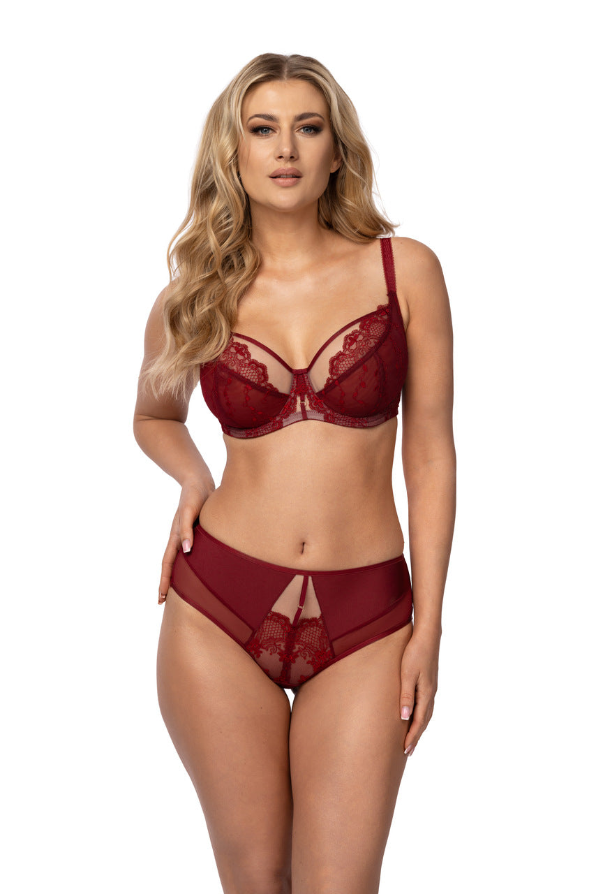 Beżowy biustonosz miękki z koronką i ozdobnym detalem, elegancka bielizna damska