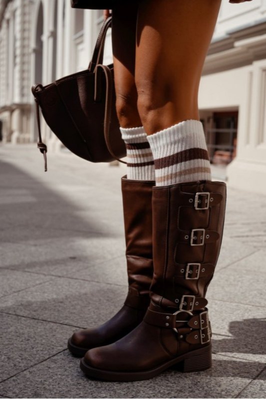 Milena Podkolanówki Damskie Prążek brązowe do casualowych stylizacji