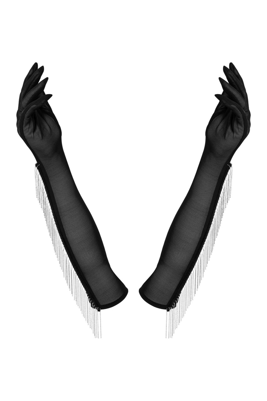 długie czarne rękawiczki z siateczki z ozdobnymi frędzlami