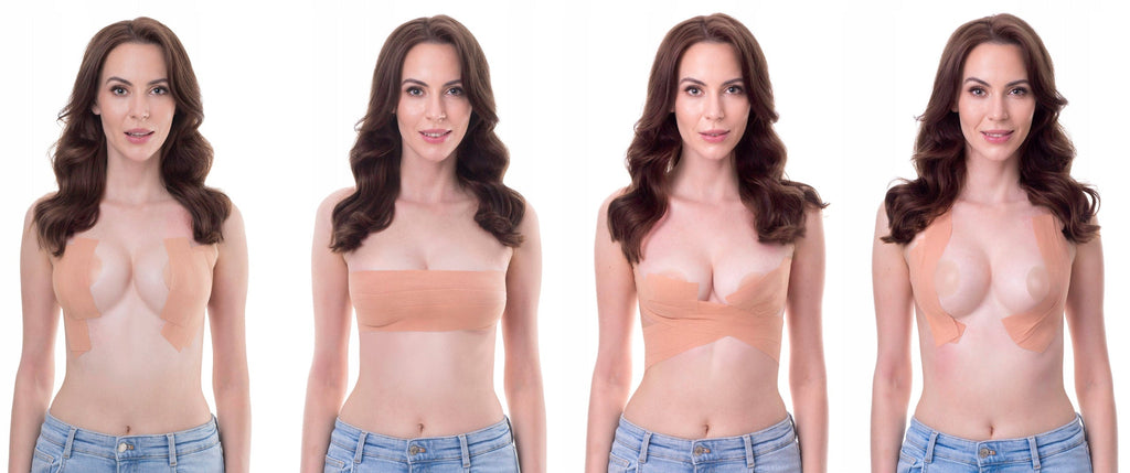 Kobieta z plastrami Boobsup 5M na biuście, efekt modelowania, bielizna, dodatki do odzieży
