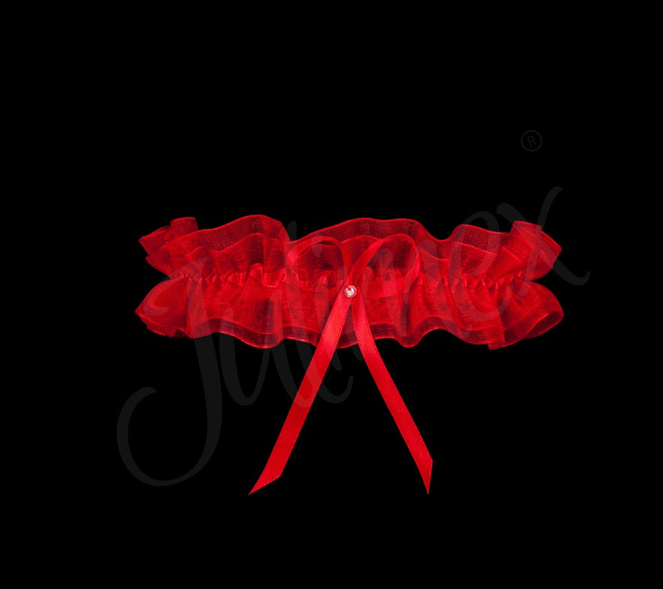 czerwona podwiązka z tiulu i satynowym paskiem