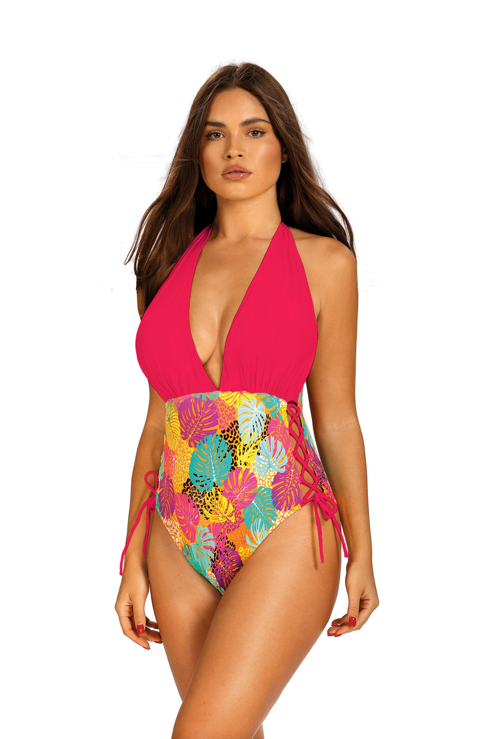 Self S1091PA8 Pati 8 Kostium Kąpielowy Jednoczęściowy w kolorze różowym z tropikalnym wzorem