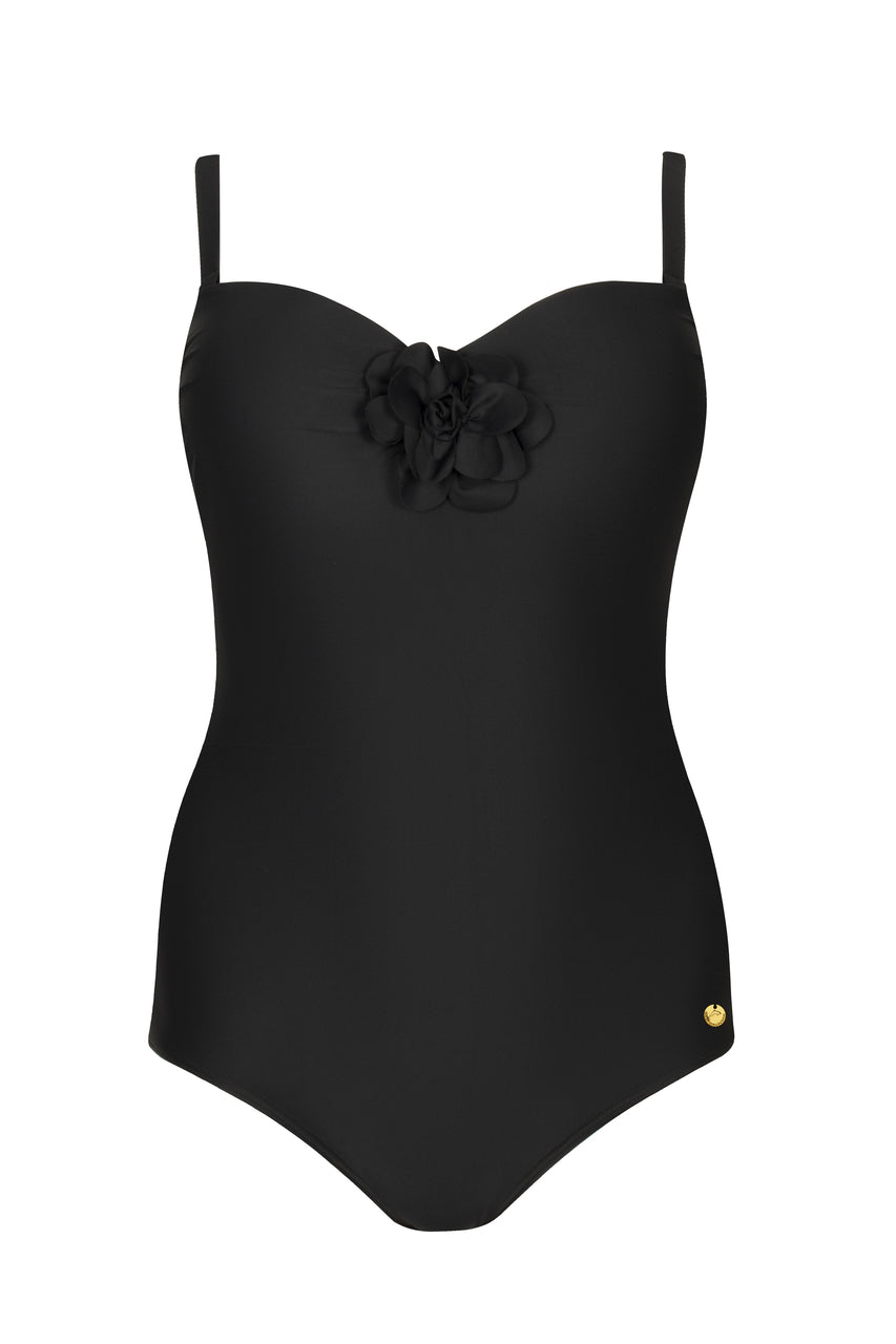 Czarny kostium kąpielowy jednoczęściowy z ozdobną kwiatową aplikacją na przodzie, elegancki strój plażowy