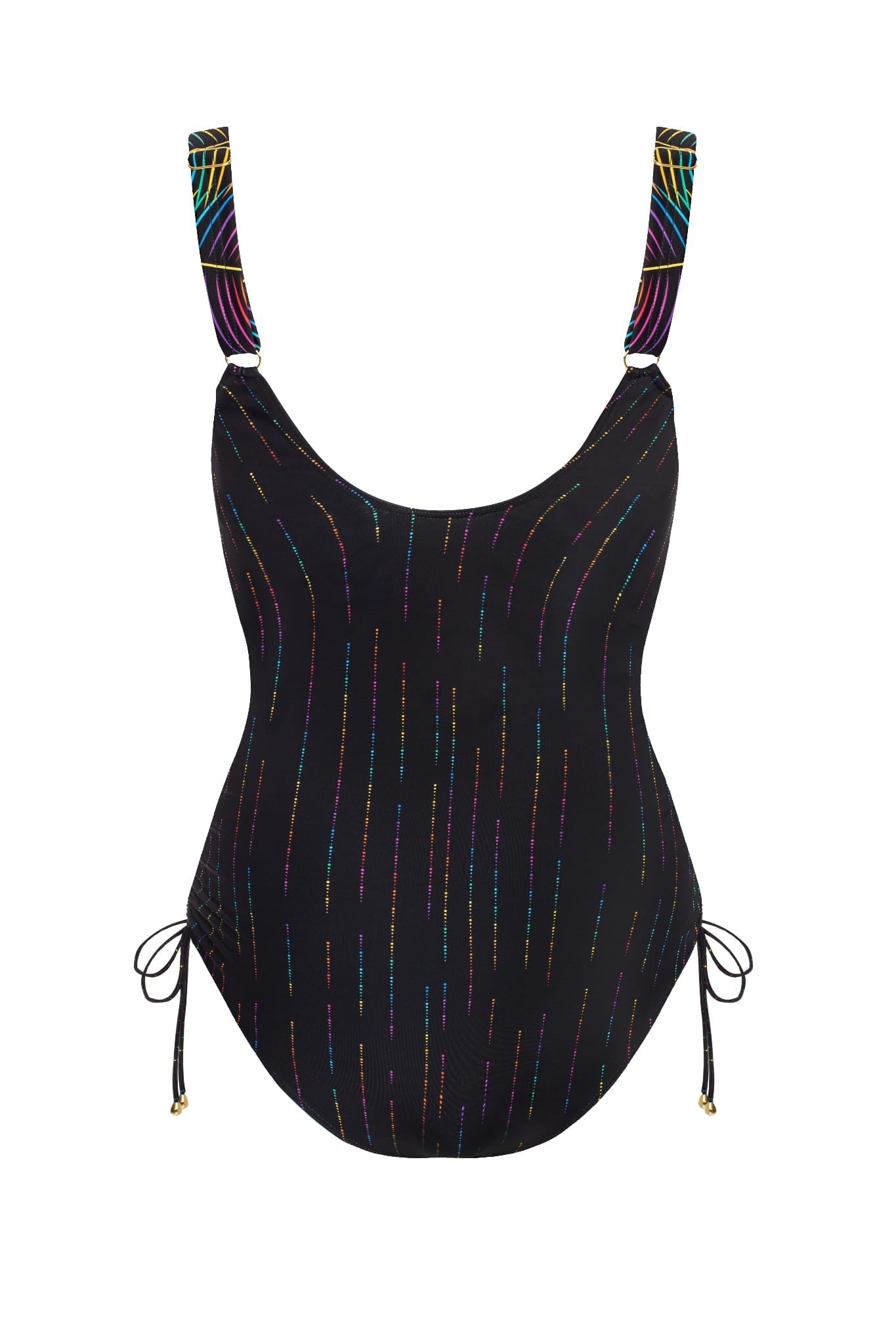 Detal kostiumu kąpielowego z wycięciem i regulowanymi ramiączkami