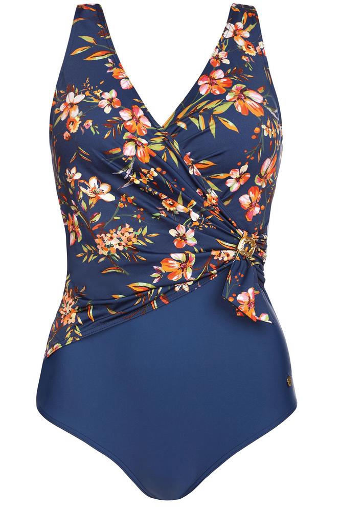 Kostium kąpielowy jednoczęściowy z kwiatowym wzorem i ozdobnym zapięciem na stronie