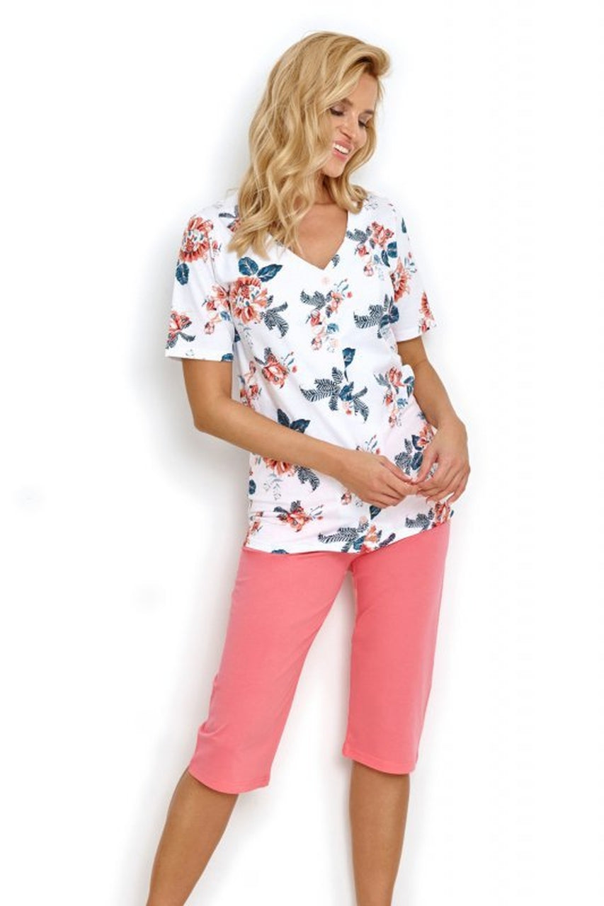Bawełniana piżama damska z różowym dołem i kwiatowym topem