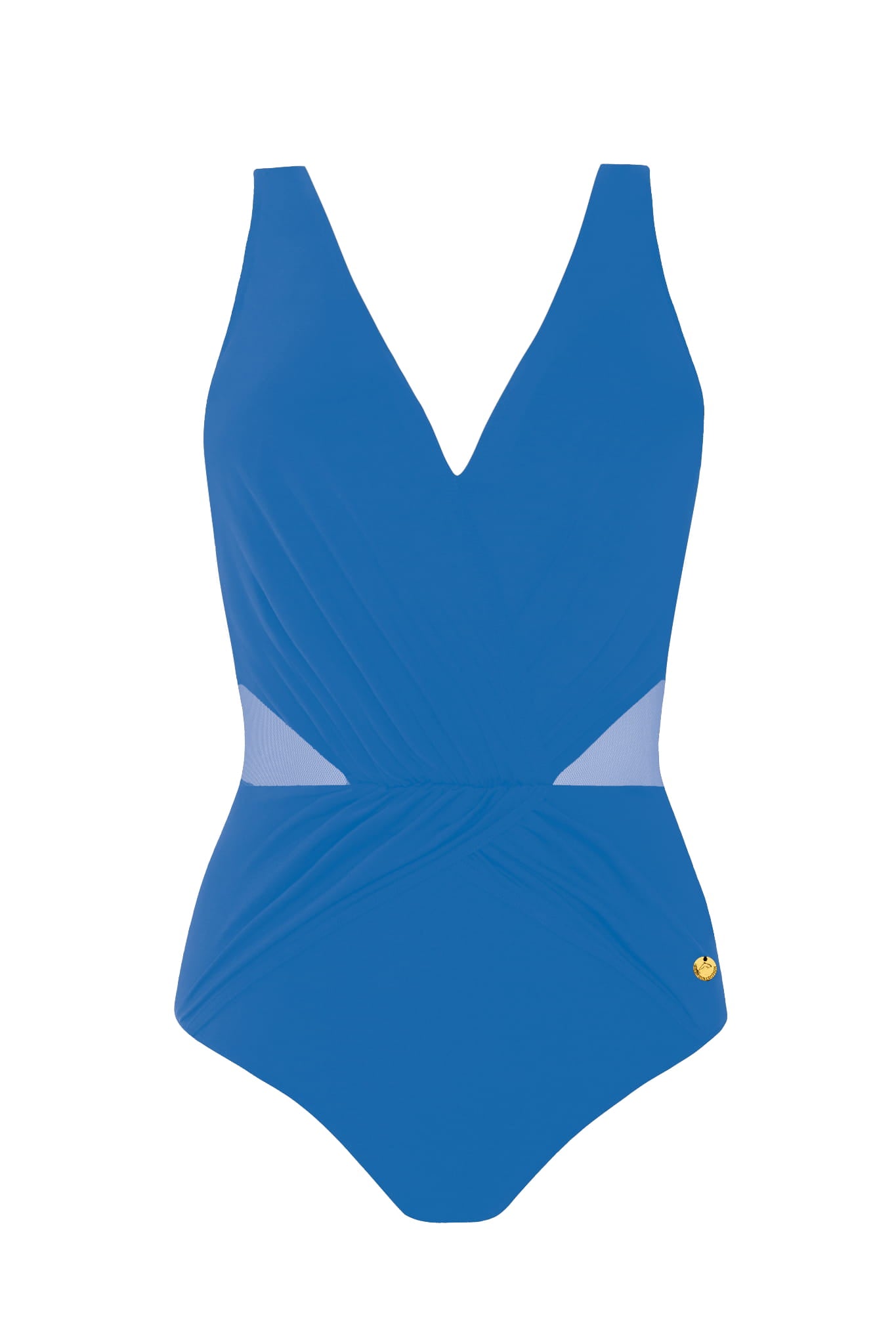 Niebieski jednoczęściowy kostium kąpielowy z wycięciami, elegancki strój plażowy, nowoczesny design, dla kobiet